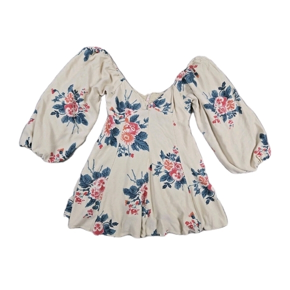 Free People Francesca Mini Dress Babydoll V Neck Puff Sleeves Cream Floral Boho - Picture 2 of 11